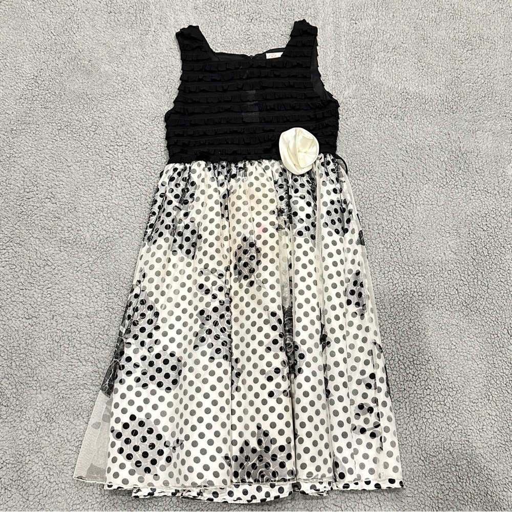 👉 Boome Girls Black & Polka Dot Dress – Size 14 White Rose Accent